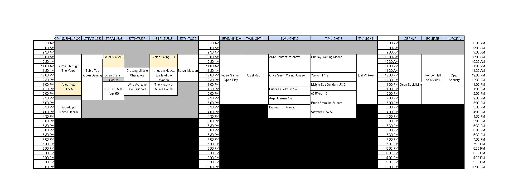 Banzai Schedule - Sunday